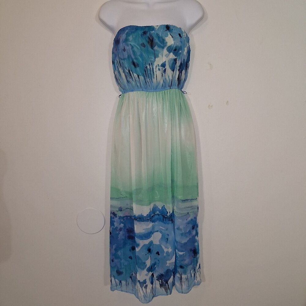 Sheer Strapless Midi Dress Sz Jr L Abstract Whimsical Mermaid Beach Fairy